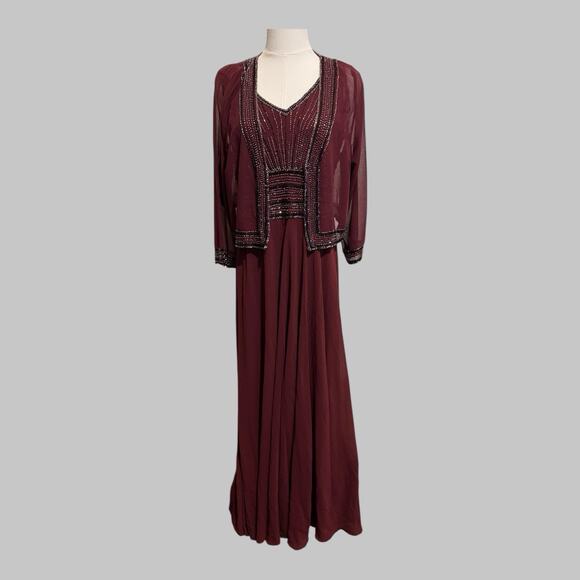 JKara Two Piece Beaded Bolero Jacket Maxi Dress Size 6P Cranaberry Holiday - Picture 16 of 16